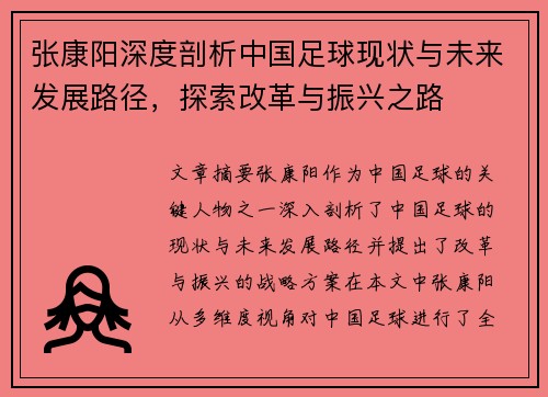 张康阳深度剖析中国足球现状与未来发展路径，探索改革与振兴之路